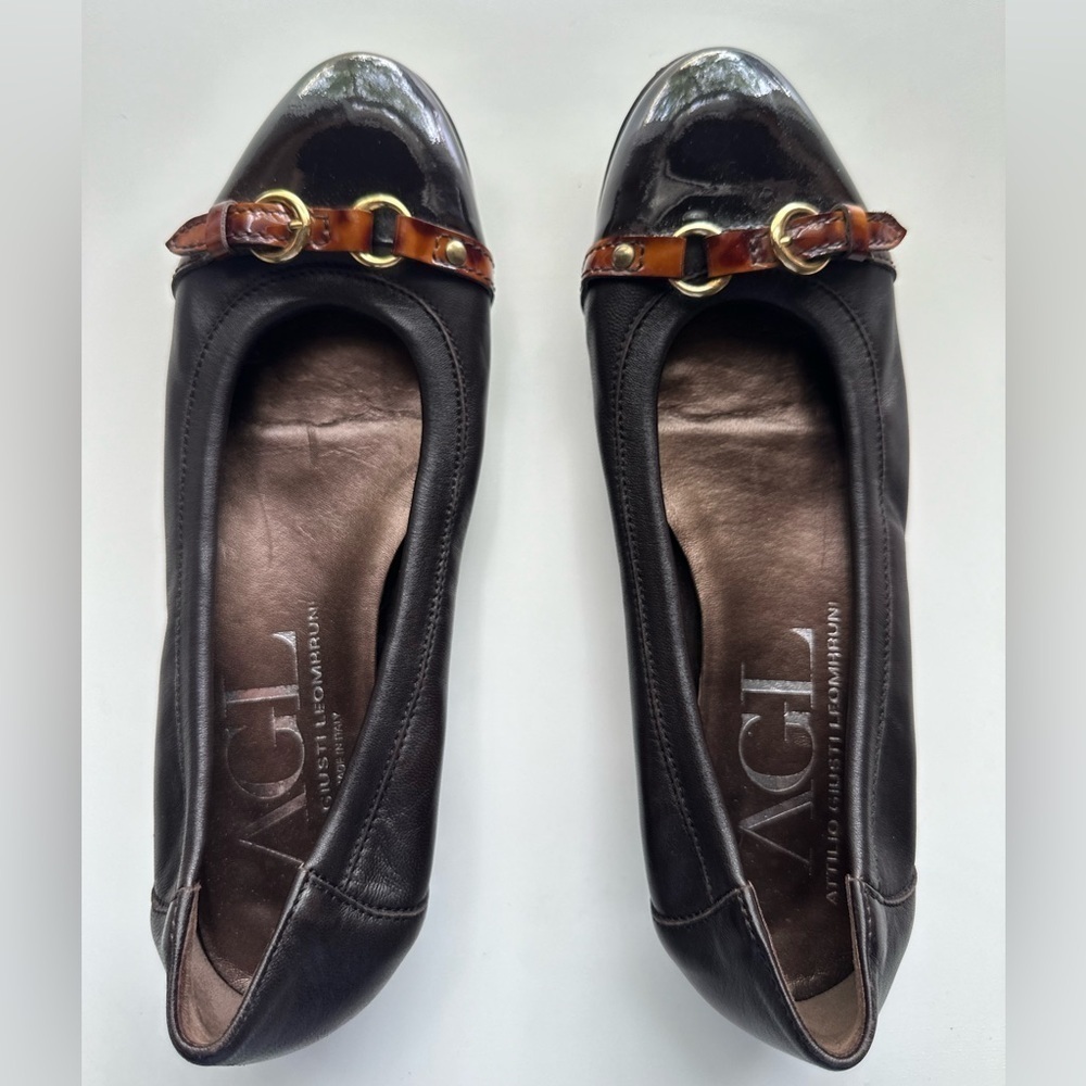 AGL Monika Cap Toe Ballet Black Flat 7.5 US Women's Leather Made In Italy